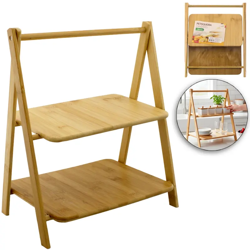 PETISQUEIRA DE BAMBU COM 2 ANDARES COM ALCA E PES DOBRAVEL MULTIUSO 37,5X32X22CM