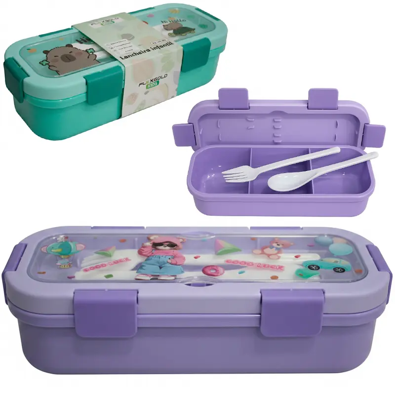 LANCHEIRA MARMITA DE PLASTICO RETANGULAR COM 3 DIVISORIAS + COLHER + GARFO E TRAVA LATERAL FLEXGOLD KIDS