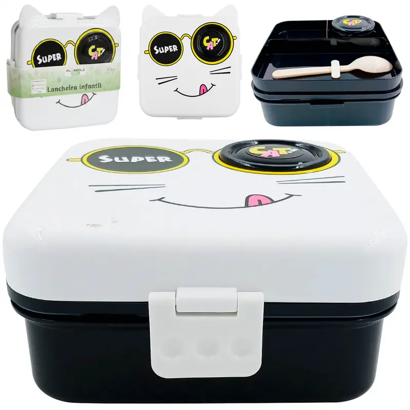LANCHEIRA MARMITA DE PLASTICO QUADRADO COM 3 DIVISORIAS + COLHER + COPO E TRAVA LATERAL FLEXGOLD KIDS