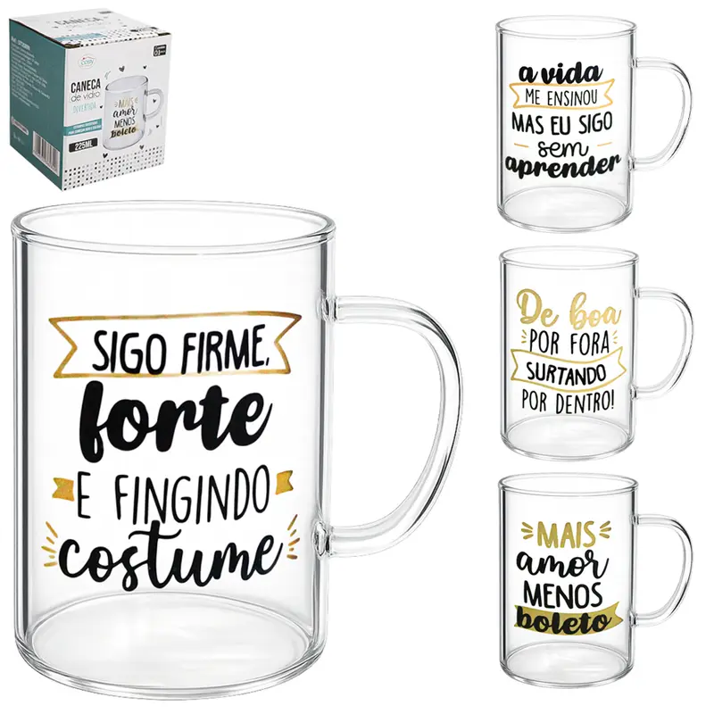 CANECA XICARA DE VIDRO BOROSSILICATO DIVERTIDA SORTIDAS 225ML