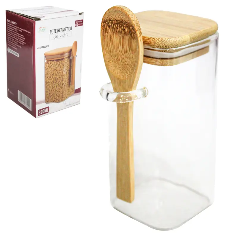POTE DE VIDRO BOROSSILICATO LISO QUADRADO COM ALCA + COLHER E TAMPA HERMETICA MADEIRA / BAMBU 320ML