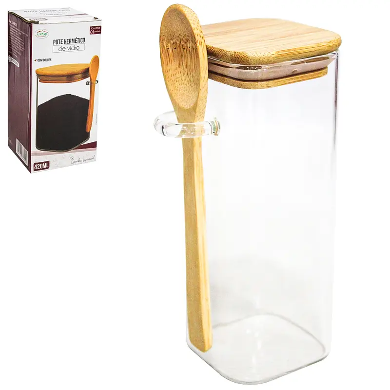 POTE DE VIDRO BOROSSILICATO LISO QUADRADO COM ALCA + COLHER E TAMPA HERMETICA MADEIRA / BAMBU 420ML
