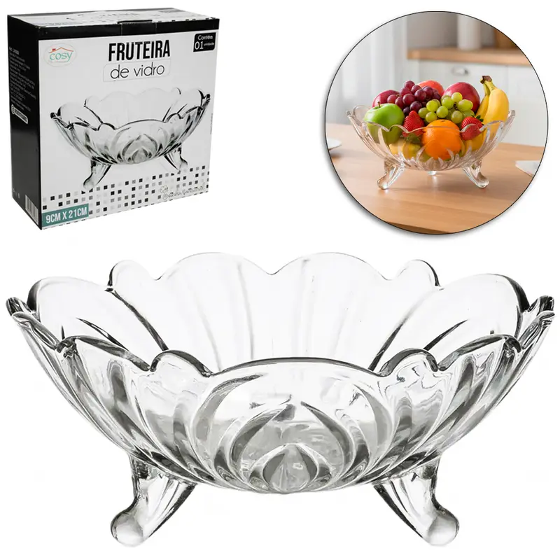 CENTRO DE MESA FRUTEIRA DE VIDRO REDONDA COM PE 9X21CM DE Ø