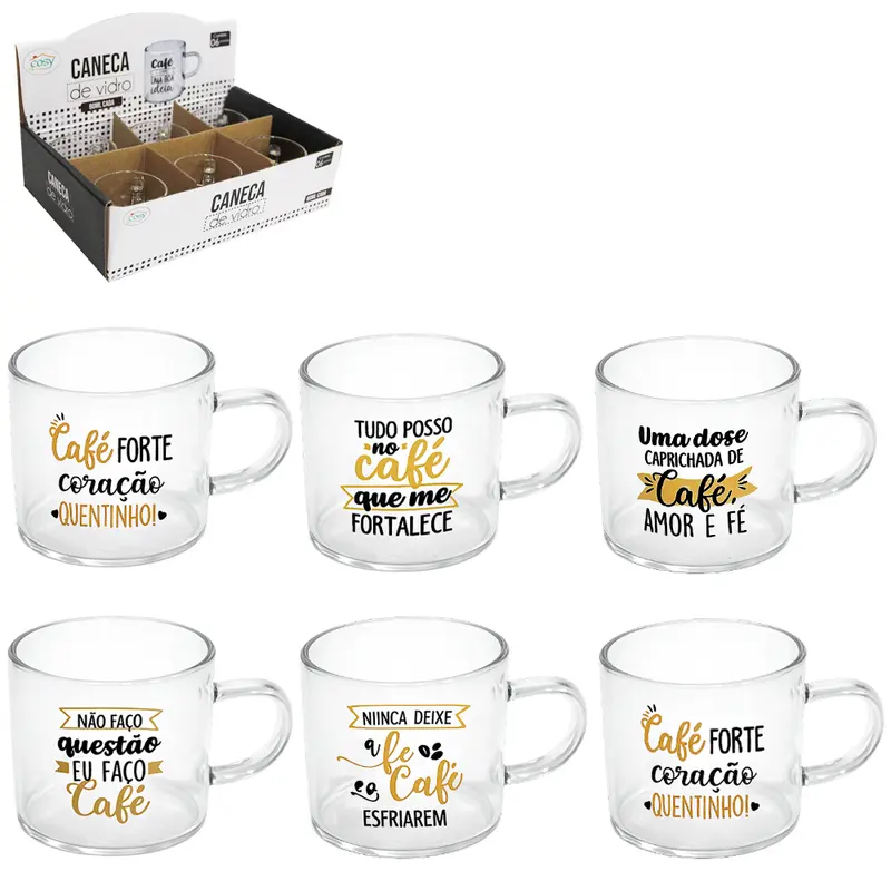 CANECA XICARA DE VIDRO BOROSSILICATO FRASES COM 6 PECAS 80ML