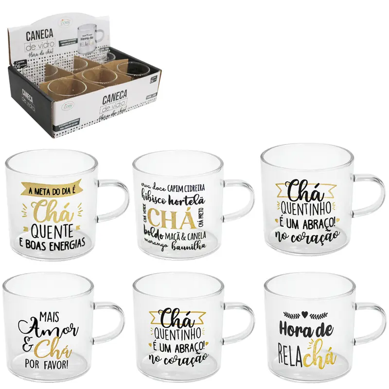 CANECA XICARA DE VIDRO BOROSSILICATO HORA DO CHA COM 6 PECAS 120ML