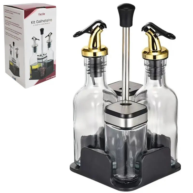 GALHETEIRO DE VIDRO COM 4 PECAS 190 / 120ML + SUPORTE PRETO FACILE