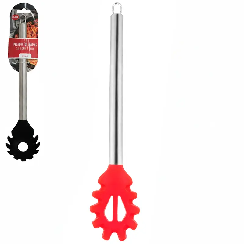 PEGADOR DE MASSAS DE SILICONE VERMELHO E PRETO CABO INOX 31X7,5CM