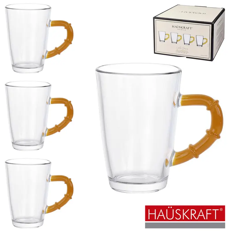 JOGO DE CANECA XICARA DE VIDRO PARA CAFE / CAPPUCCINO LINHA SERVIR BAMBOO HAUSKRAFT PREMIUM 4 PECAS 210ML