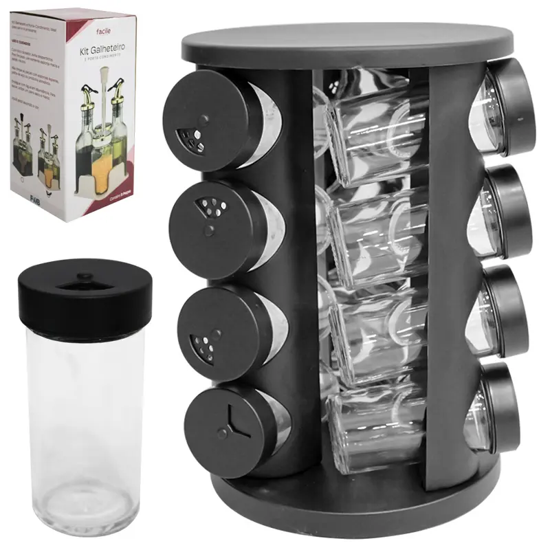 PORTA CONDIMENTO DE VIDRO / PLASTICO COM 12 PECAS 100ML + SUPORTE GIRATORIO REDONDO FACILE BLACK