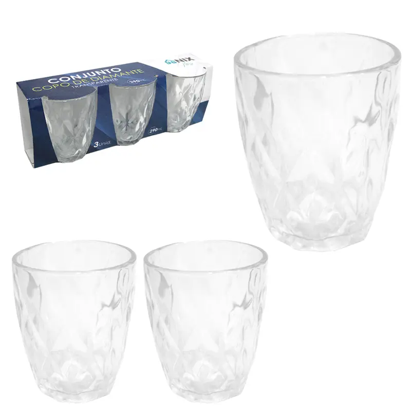 JOGO DE COPO DE VIDRO DIAMANTE TRANSPARENTE COM 3 PECAS 290ML