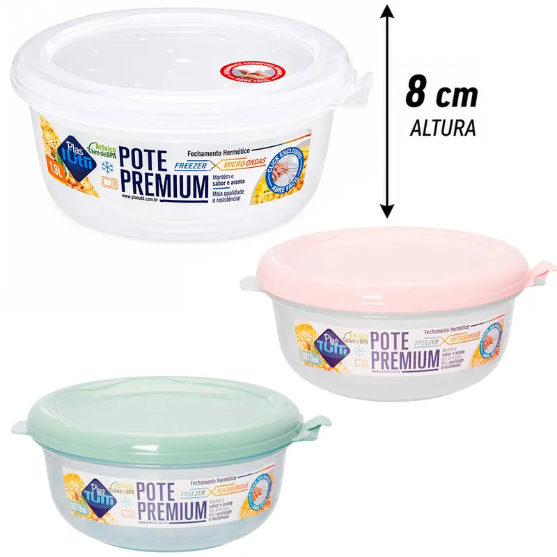 POTE ORGANIZADOR DE PLASTICO REDONDO GRADUADO PREMIUM COM TAMPA COLORS 1070ML