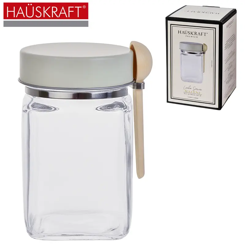 POTE DE VIDRO LISO QUADRADO COM ALCA + COLHER MADEIRA E TAMPA INOX LINHA SERVIR MALONE HAUSKRAFT PREMIUM 260ML