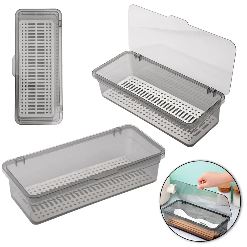 POTE ORGANIZADOR DE PLASTICO RETANGULAR COM ESCORREDOR + TAMPA 26,3X11,5X6,7CM