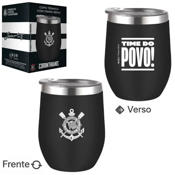 COPO TERMICO CORINTHIANS DE INOX COM PAREDE DUPLA + TAMPA DE ACRILICO 360ML