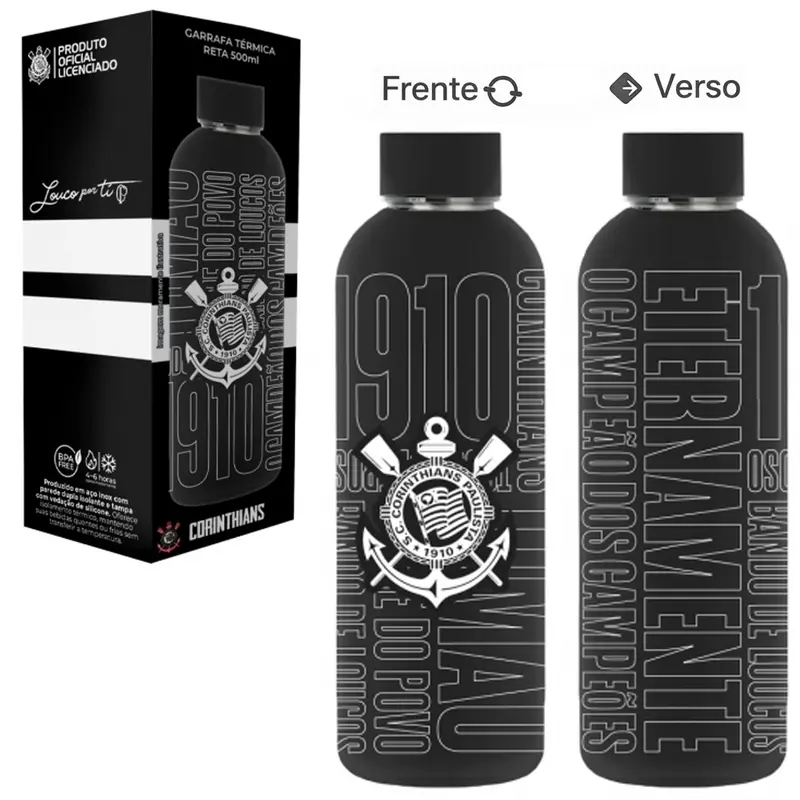 GARRAFA TERMICA RETA CORINTHIANS DE INOX COM PAREDE DUPLA 500ML