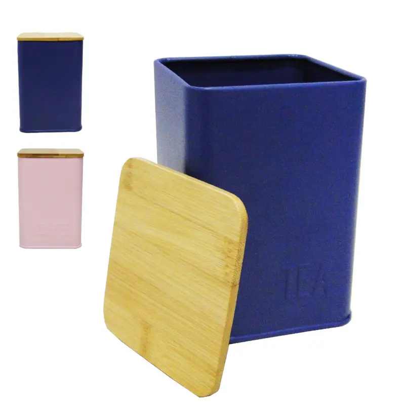 POTE DE LATA QUADRADO PARA MANTIMENTOS COM TAMPA DE BAMBU 1,1L