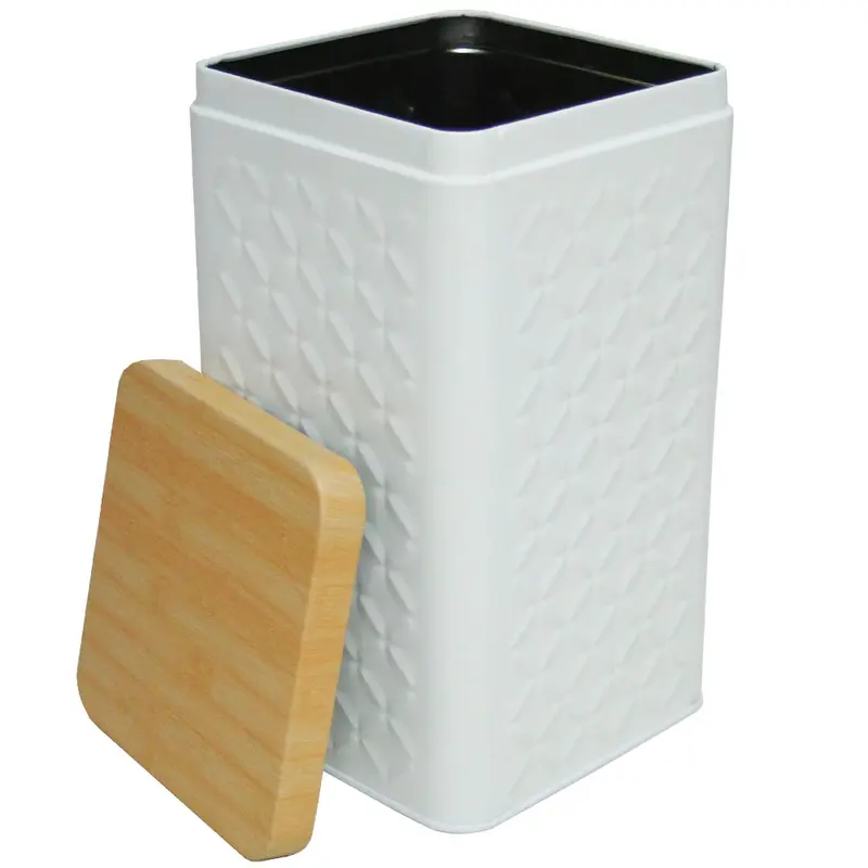 POTE DE LATA QUADRADO BRANCO PARA MANTIMENTOS COM TAMPA TIPO MADEIRA / BAMBU 1650ML
