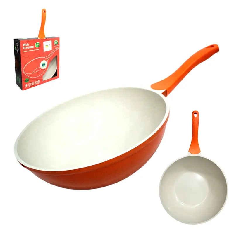 FRIGIDEIRA REVESTIDA CERAMICA ANTIADERENTE PFOA E PTFE EXCILON LARANJA CABO SOFT TOUCH WOK ECOLUMI 30CM DE Ø