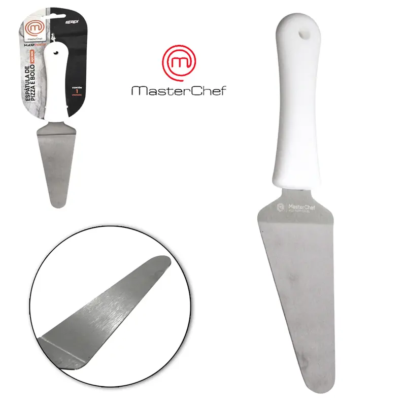 ESPATULA DE PIZZA E BOLO DE INOX CABO PLASTICO BRANCO MAX CORTE MASTERCHEF 27X6CM