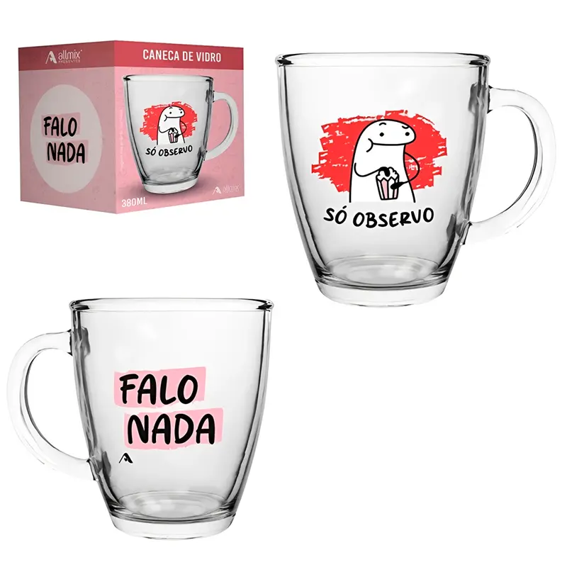 CANECA XICARA DE VIDRO CONICA COLECAO FLORK FALO NADA SO OBSERVO 350ML