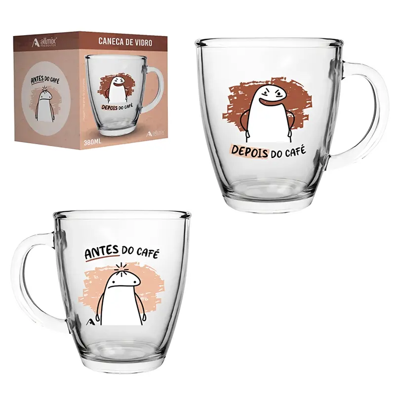 CANECA XICARA DE VIDRO CONICA COLECAO FLORK ANTES DO CAFE - DEPOIS DO CAFE 350ML