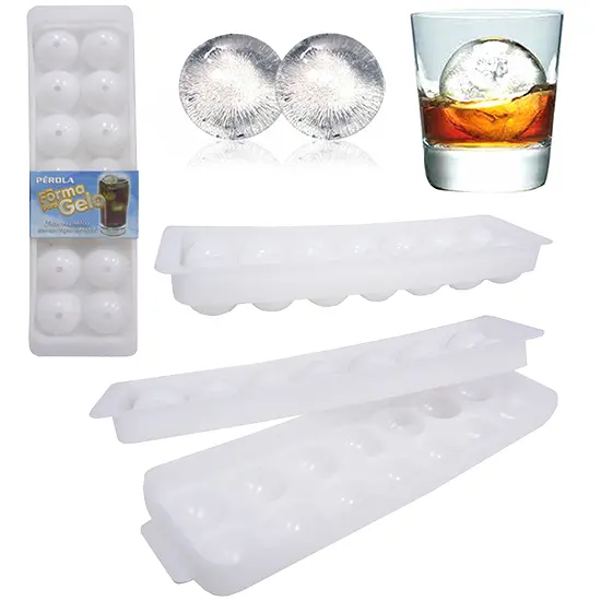 FORMA DE GELO COM 14 CAVIDADES BOLINHA GRANDE DE PLASTICO COM TAMPA 25,5X7,5CM
