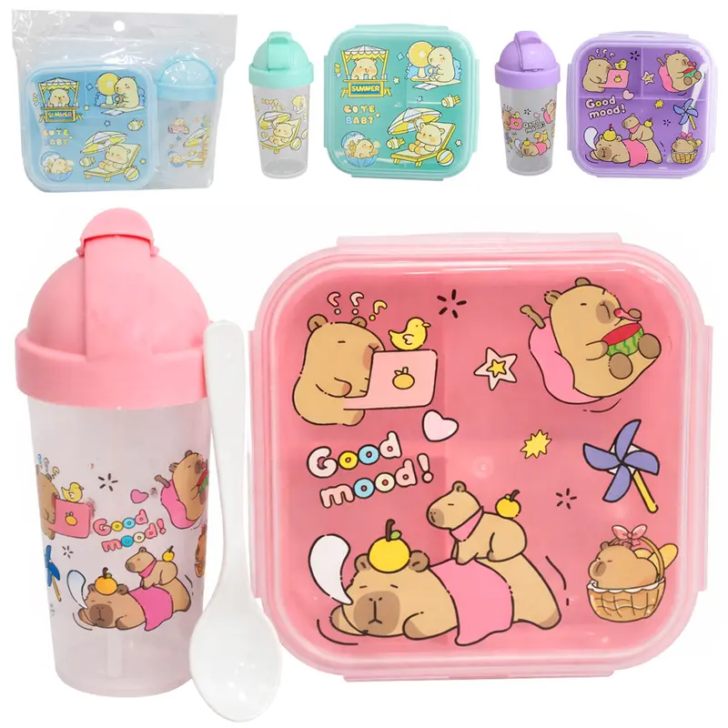 KIT ALIMENTACAO / PAPINHA VIAGEM MARMITA DE PLASTICO QUADRADA COM TAMPA + COLHER E COPO 300ML