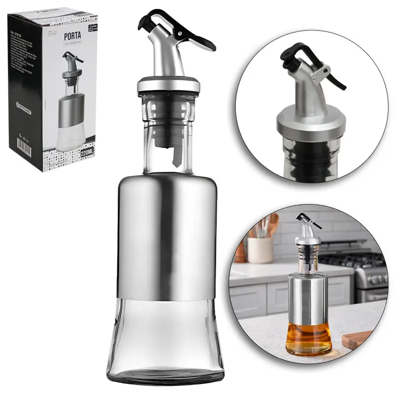 AZEITEIRO / VINAGREIRO DE VIDRO / INOX COM BICO DOSADOR DE PLASTICO 220ML