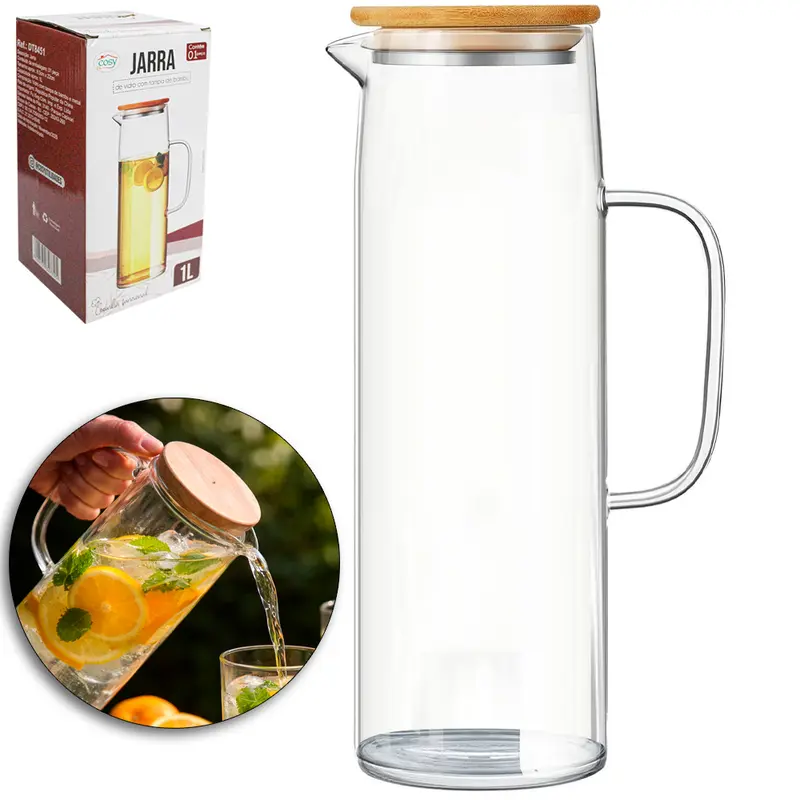 JARRA DE VIDRO BOROSSILICATO COM TAMPA HERMETICA DE MADEIRA / BAMBU 1L