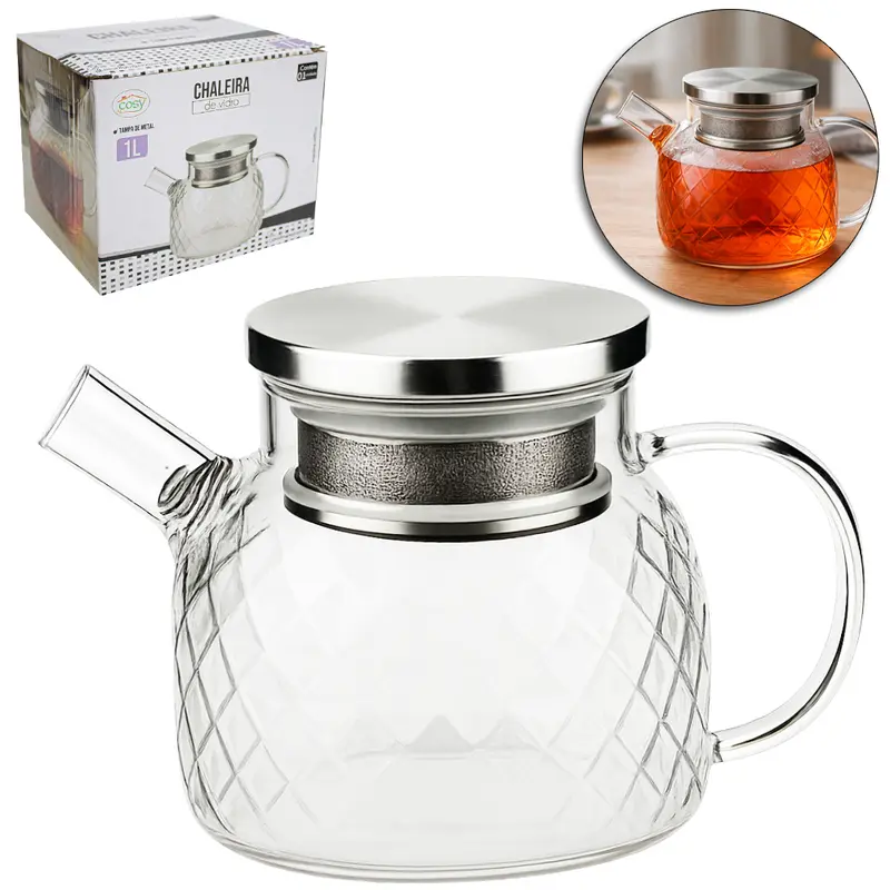 CHALEIRA VIDRO BOROSSILICATO COM COADOR INOX NO BICO + TAMPA INOX 1L