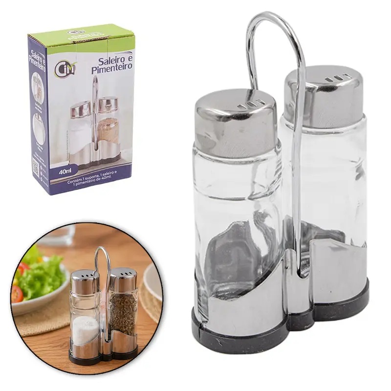 PORTA CONDIMENTO DE VIDRO COM 2 PECAS 40ML + SUPORTE DE PLASTICO / INOX