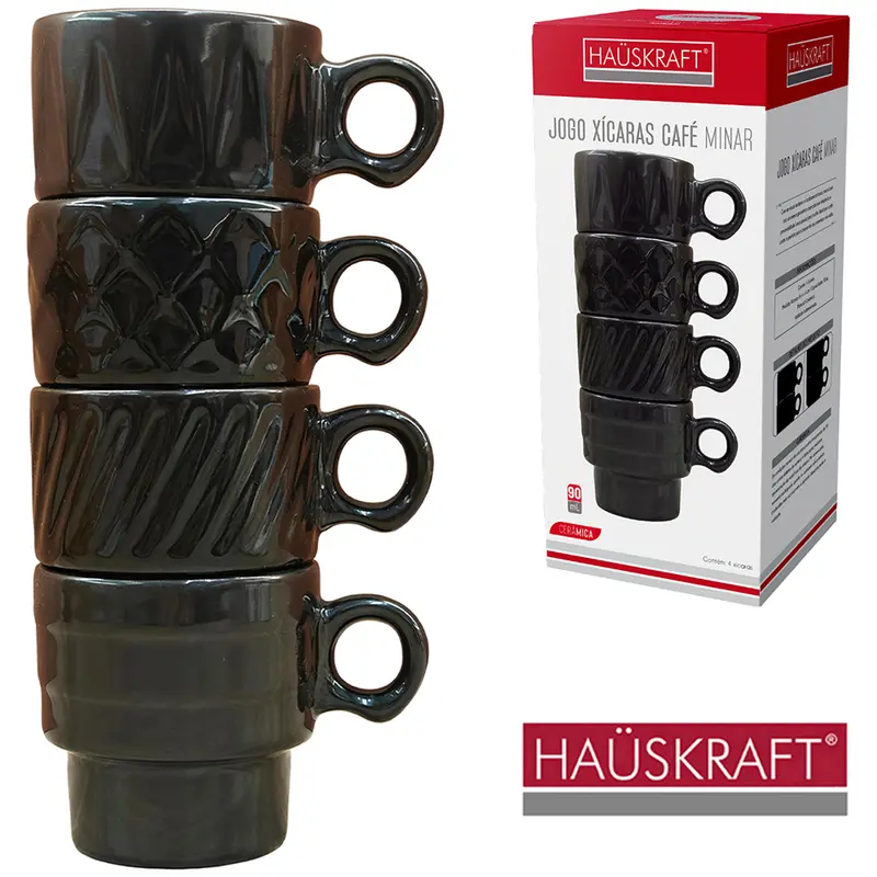 JOGO DE XICARA DE PORCELANA EMPILHAVEL PARA CAFE MINAR HAUSKRAFT PRETO COM 4 PECAS 90ML