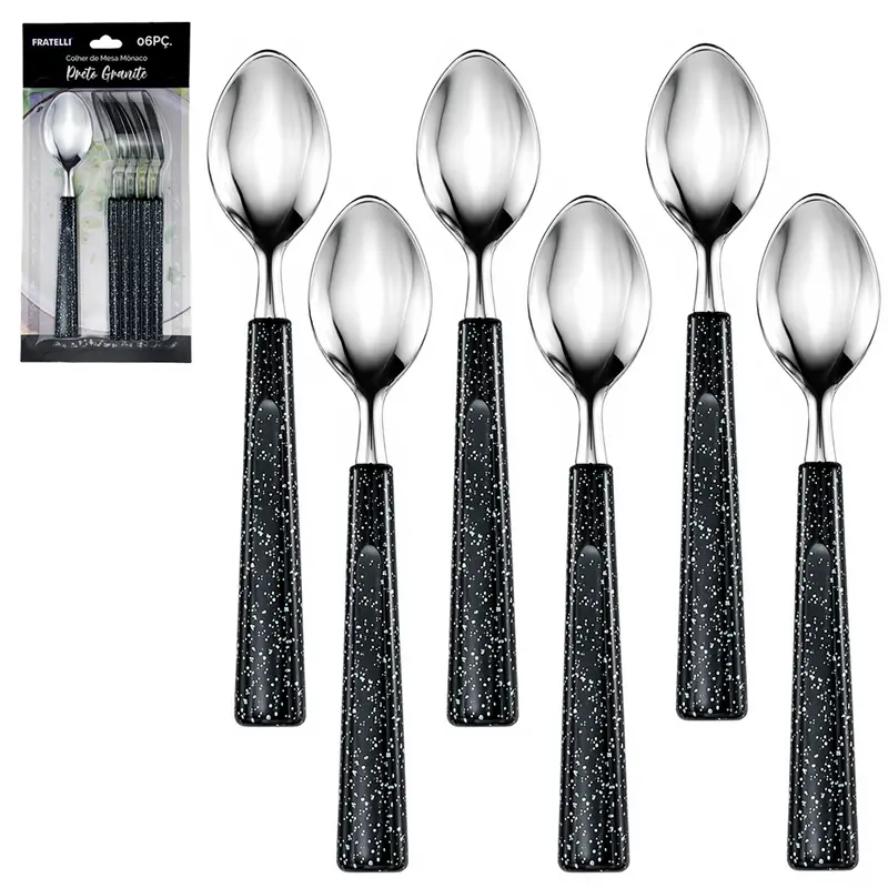 COLHER DE MESA DE INOX CABO PLASTICO MONACO PRETO GRANITE COM 6 PECAS 19CM
