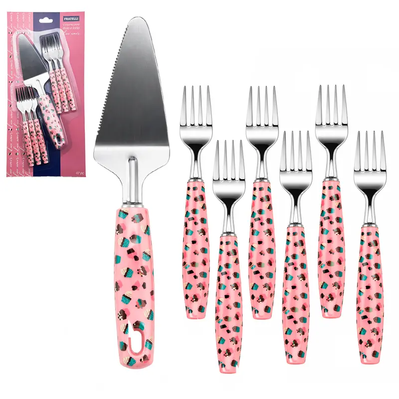 CONJUNTO PARA BOLO E TORTA COM 6 GARFO + ESPATULA DE INOX CABO PLASTICO DOCE AMOR