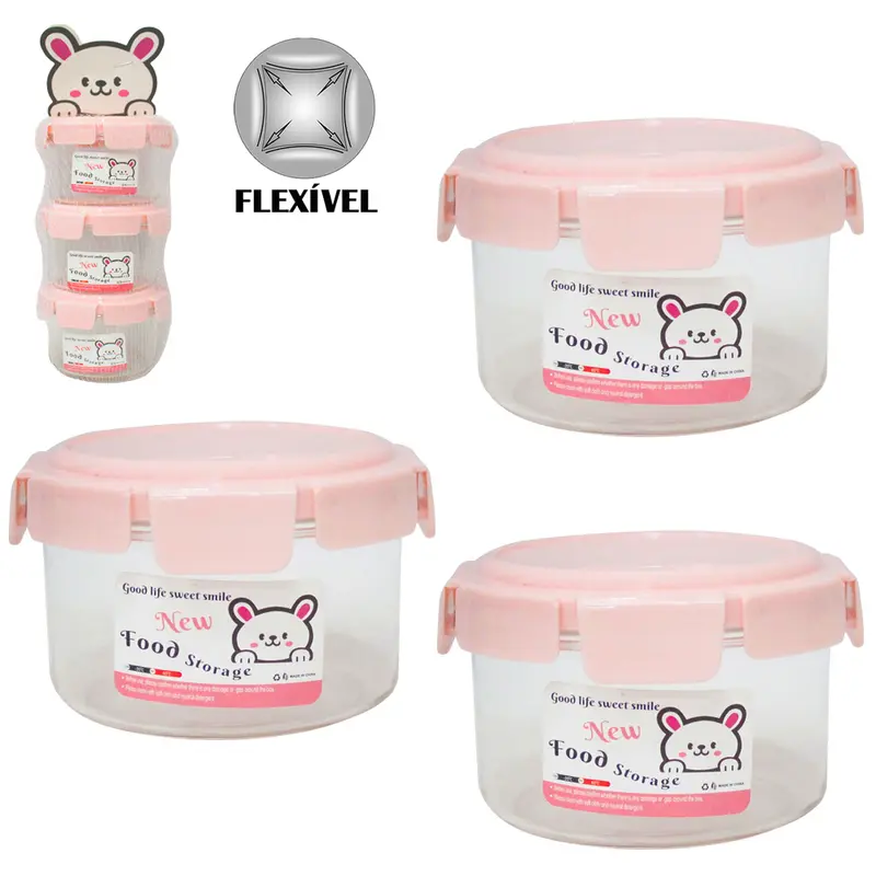 CONJUNTO DE POTE DE PLASTICO PET FLEXIVEL REDONDO COM TAMPA HERMETICA E TRAVA 3 PECAS 160ML