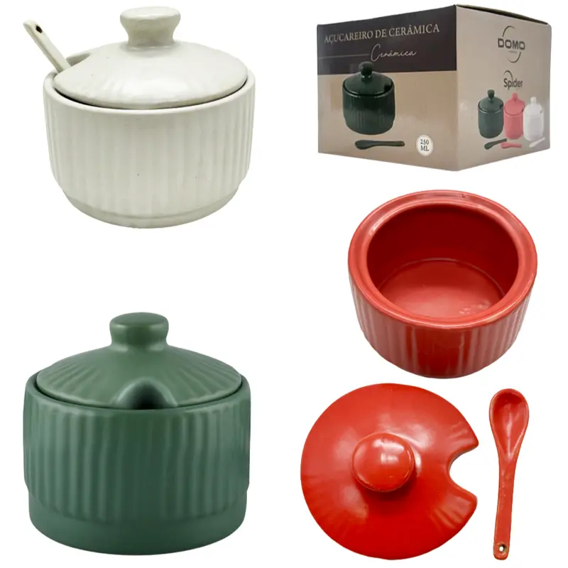 ACUCAREIRO / PORTA CONDIMENTO DE PORCELANA COM COLHER + TAMPA 250ML