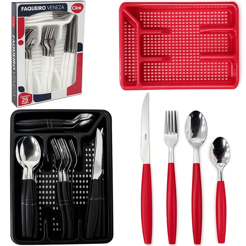 CONJUNTO DE TALHERES / FAQUEIRO DE INOX COM 24 PECAS CABO PLASTICO + PORTA TALHER VENEZA BRANCO / VERMELHO / PRETO