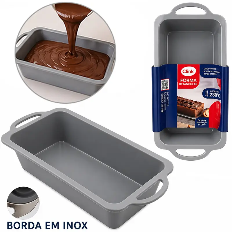 FORMA DE SILICONE RETANGULAR PARA BOLO / PAO COM BORDA DE INOX 31,5X14X6CM