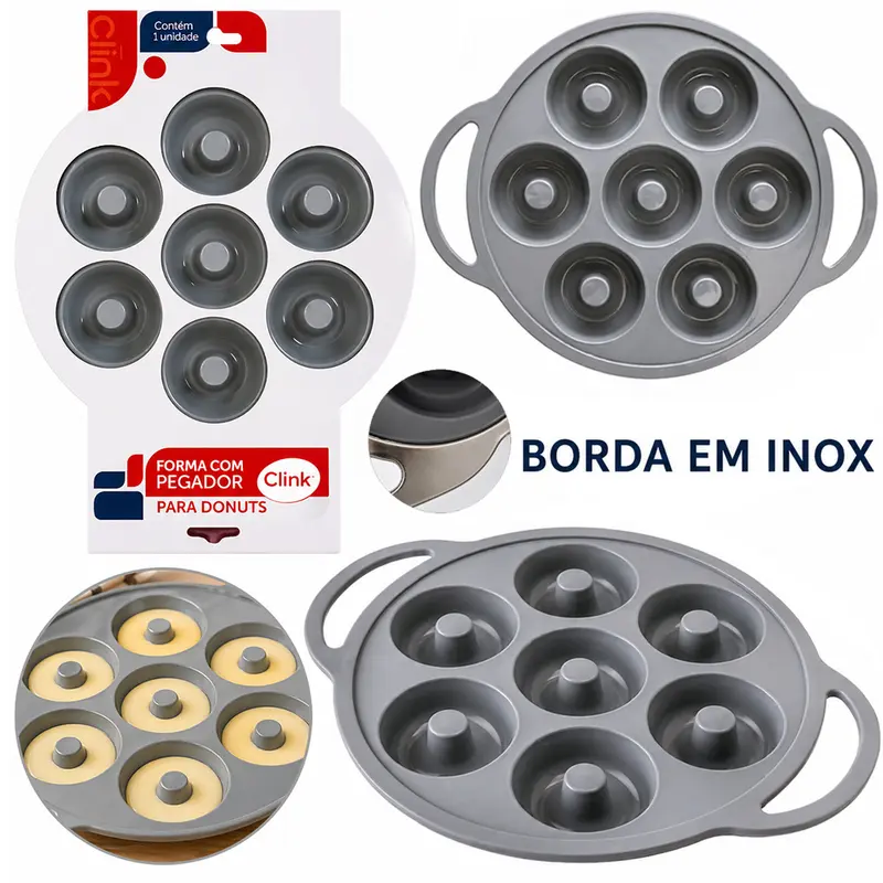 FORMA DE SILICONE REDONDA PARA DONUTS COM 7 CAVIDADES + BORDA DE INOX 2X30,5X24,5CM DE Ø