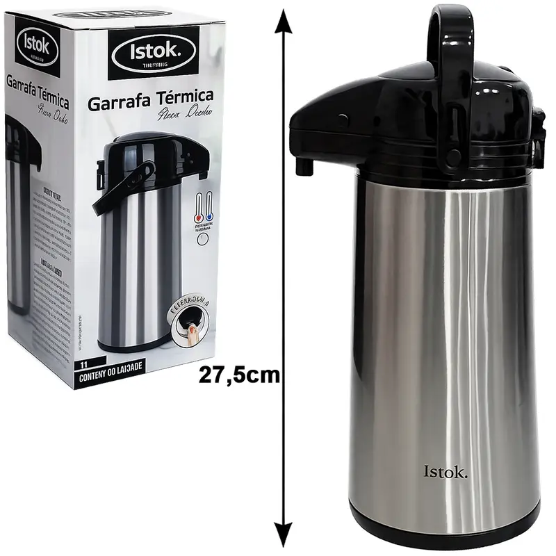GARRAFA TERMICA DE INOX COM AMPOLA DE VIDRO + TRAVA NA TAMPA DOHA 1L