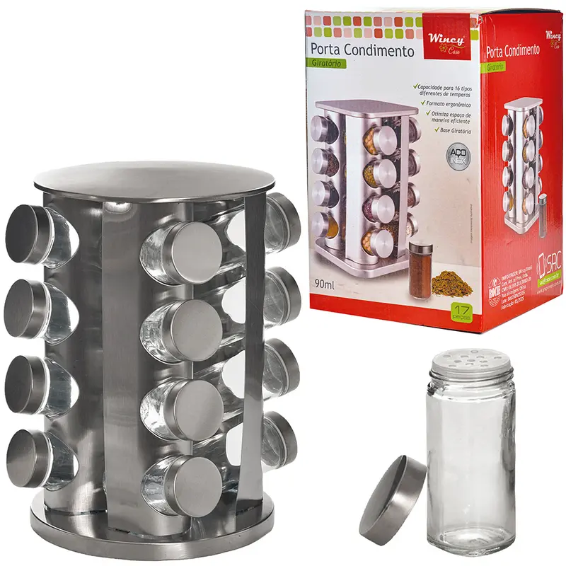 PORTA CONDIMENTO DE VIDRO / INOX COM 16 PECAS 90ML + SUPORTE GIRATORIO REDONDO