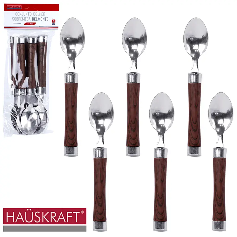 COLHER DE SOBREMESA DE INOX CABO PLASTICO TIPO MADEIRA BELMONTE HAUSKRAFT COM 6 PECAS 15CM
