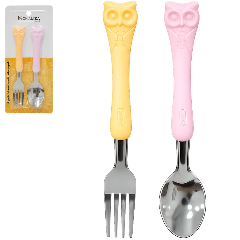 CONJUNTO DE TALHER INFANTIL COM COLHER + GARFO DE INOX CABO PLASTICO CORUJA