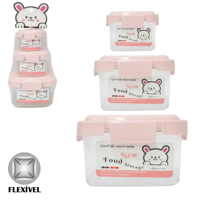 CONJUNTO DE POTE DE PLASTICO PET FLEXIVEL RETANGULAR COM TAMPA HERMETICA E TRAVA 3 PECAS 350 / 150 / 50ML NA REDE