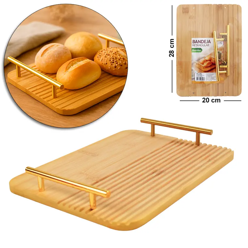 BANDEJA PETISQUEIRA DE BAMBU RETANGULAR COM ALCA DE PLASTICO DOURADO 28X20X4CM