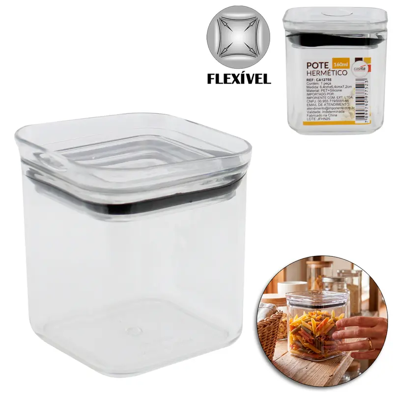 POTE DE PLASTICO PET FLEXIVEL QUADRADO EMPILHAVEL COM TAMPA HERMETICA 160ML