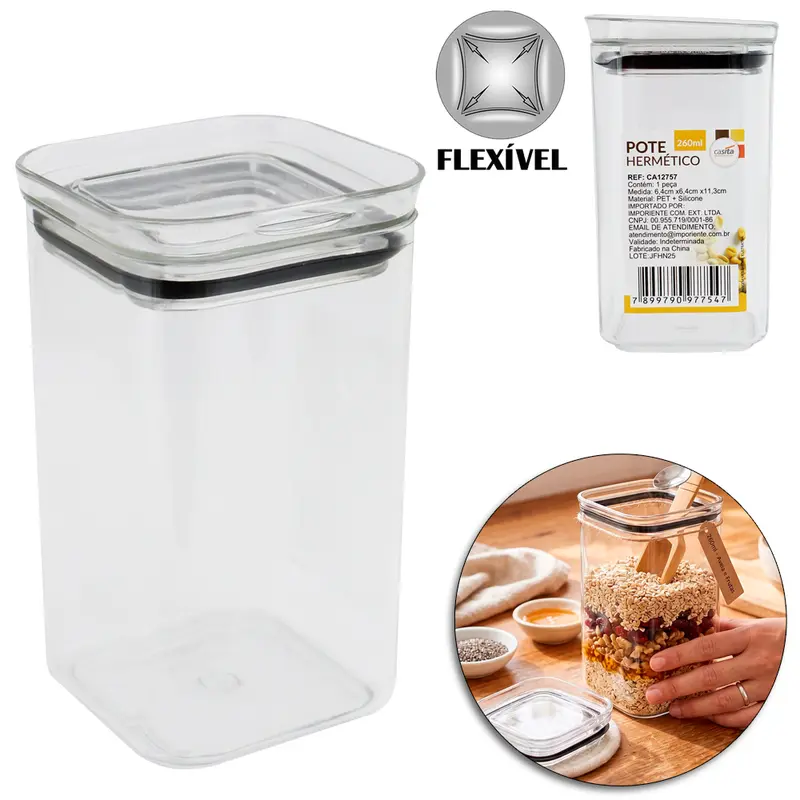 POTE DE PLASTICO PET FLEXIVEL QUADRADO EMPILHAVEL COM TAMPA HERMETICA 260ML