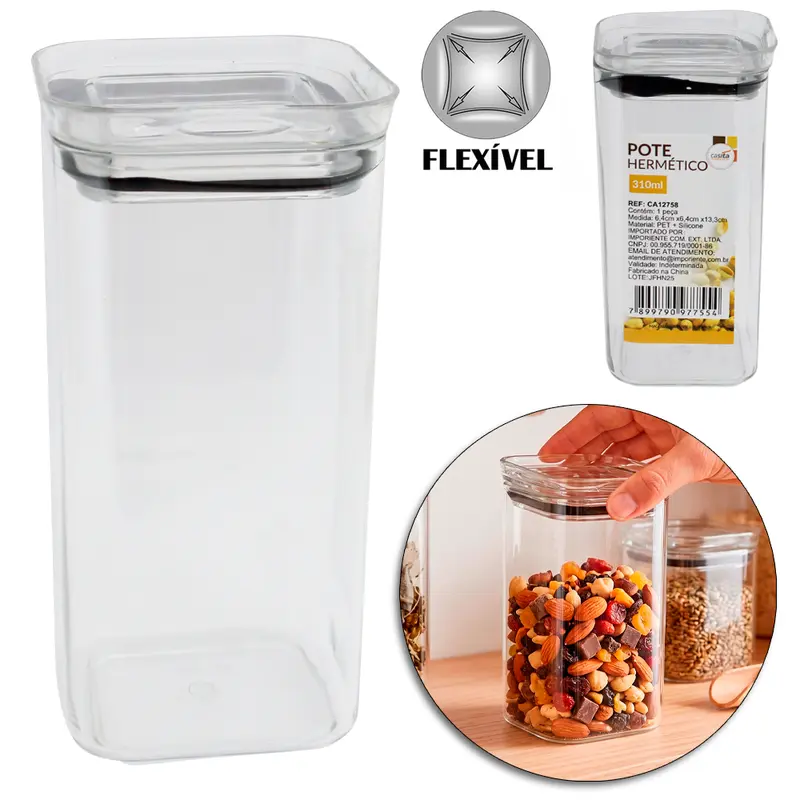 POTE DE PLASTICO PET FLEXIVEL QUADRADO EMPILHAVEL COM TAMPA HERMETICA 310ML