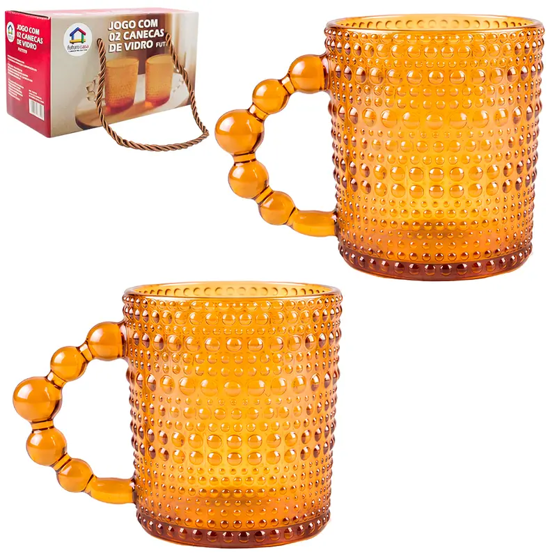 JOGO DE CANECA XICARA DE VIDRO PARA CAFE / CAPPUCCINO PEROLA AMBAR COM 2 PECAS 250ML