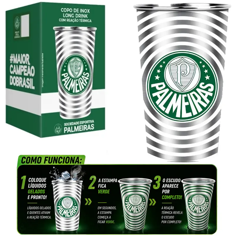COPO PALMEIRAS DE INOX LONG DRINK COM REACAO TERMICA 450ML